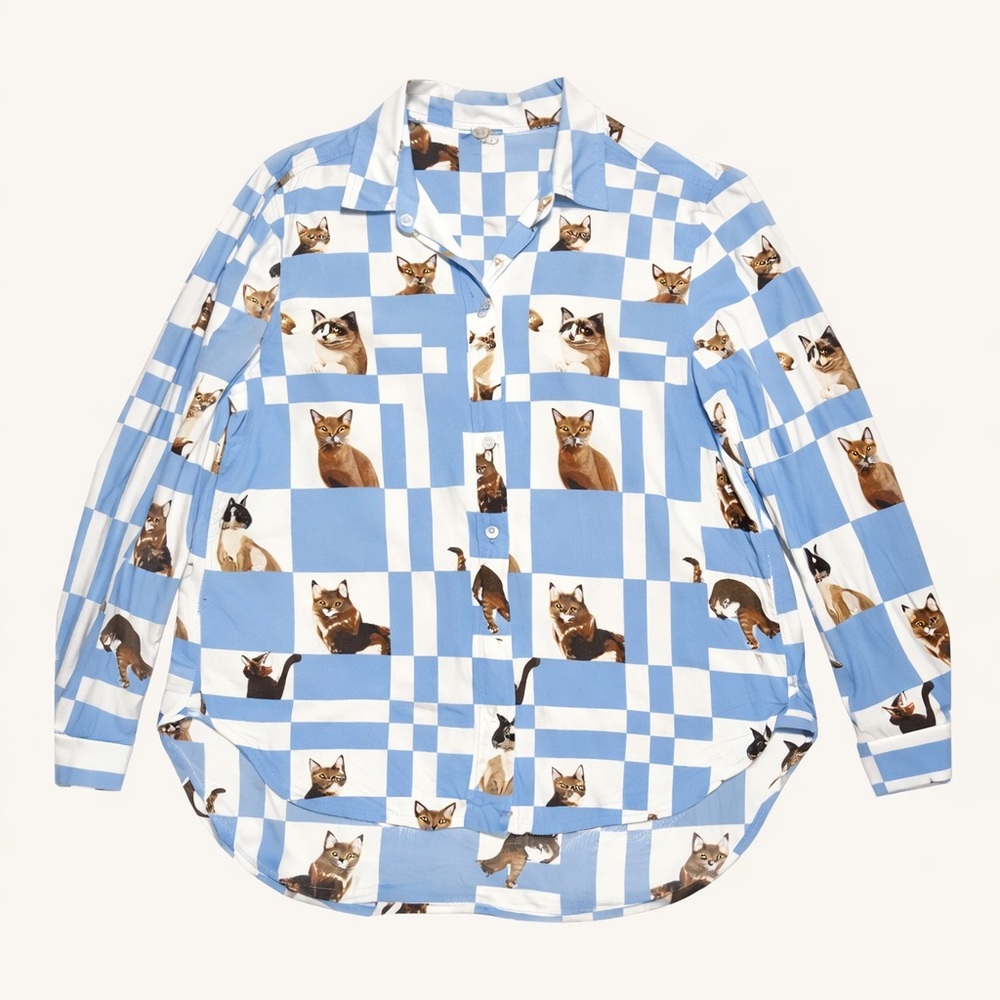 Jane + Delancey Cat Print Button Down Shirt Rayon Women’s Medium
